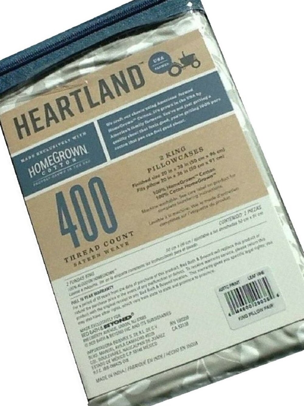 new Heartland 400 TC 100% Cotton Sateen KING Pillowcases - WHITE LEAF on GRAY - Picture 4 of 12
